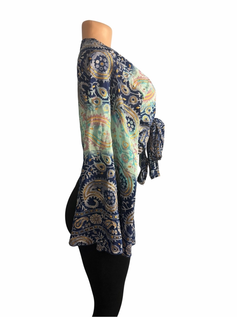 Tie Front Paisley Print Silk Blend Crop Top Blue Multi Belle Sleeves - Picture 5 of 10